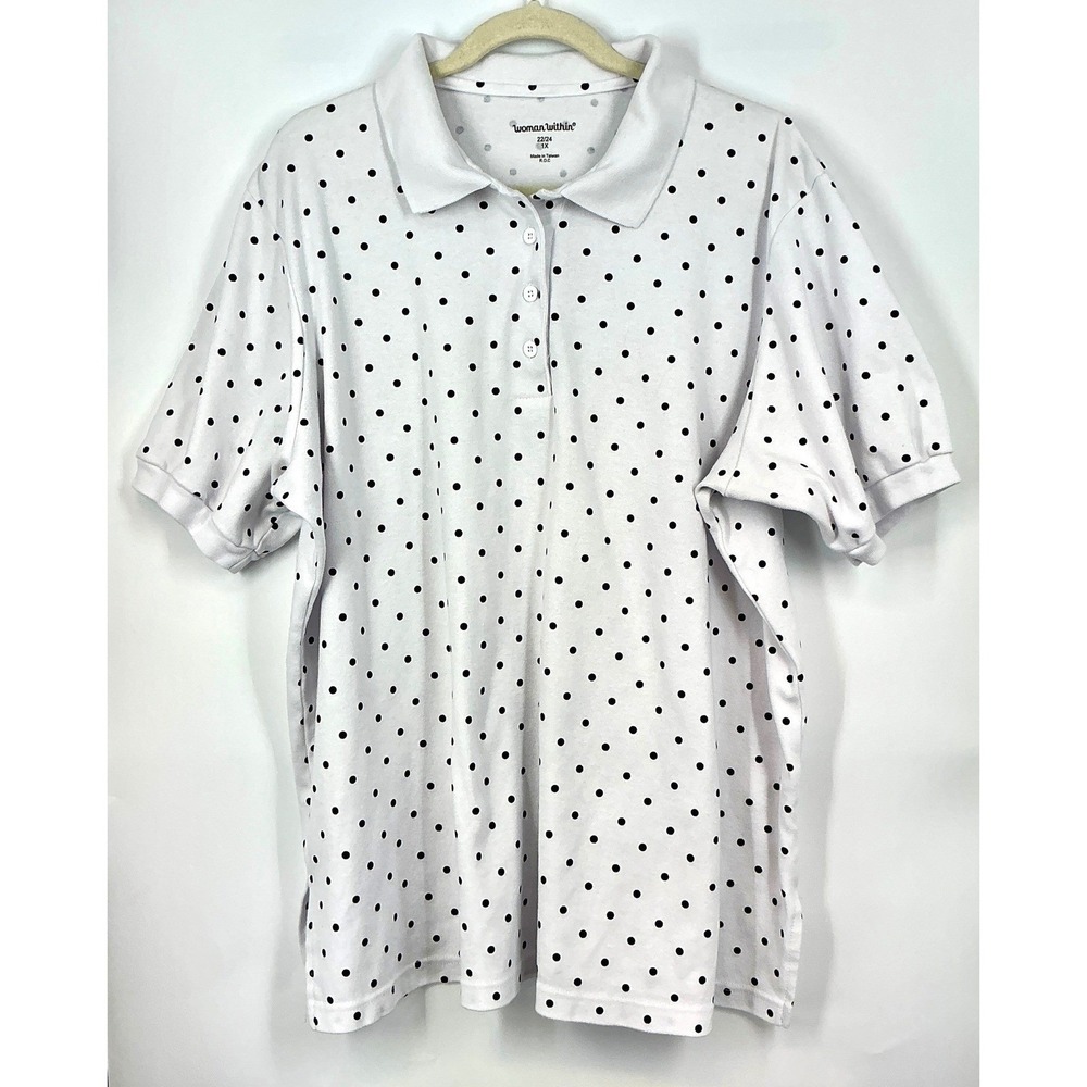 Woman Within White Black Polka Dot Short Sleeve Polo Shirt 1X‎ Preppy Minimalist